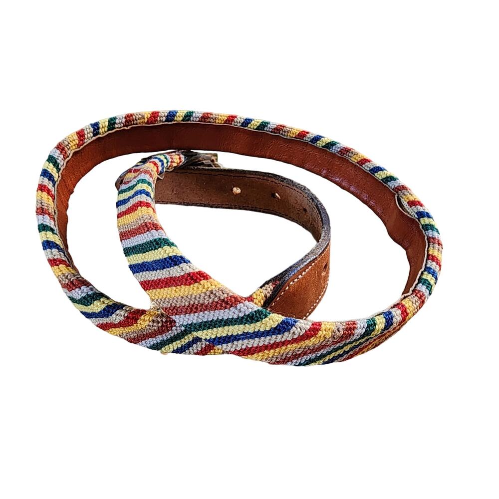 VTG 80s Leather Striped Tapestry Belt Small Unisex Retro Boho Western Festival - Picture 7 of 11
